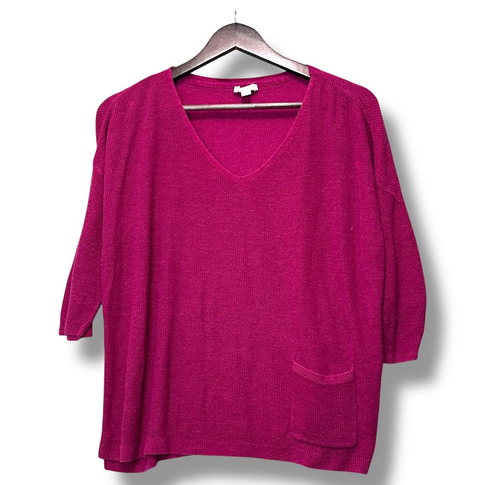 J. Jill Linen Blend V-Neck Pocket 3/4 Sleeve Knit Sweater‎ Top Petite L